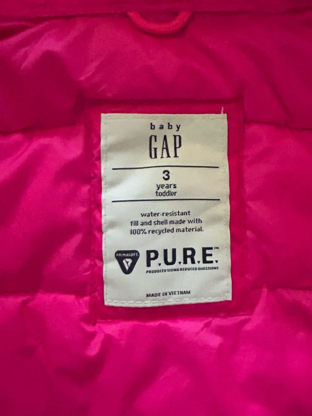 Baby GAP Puré Girls Hot Pink Hooded Puffer Jacket size 3 years